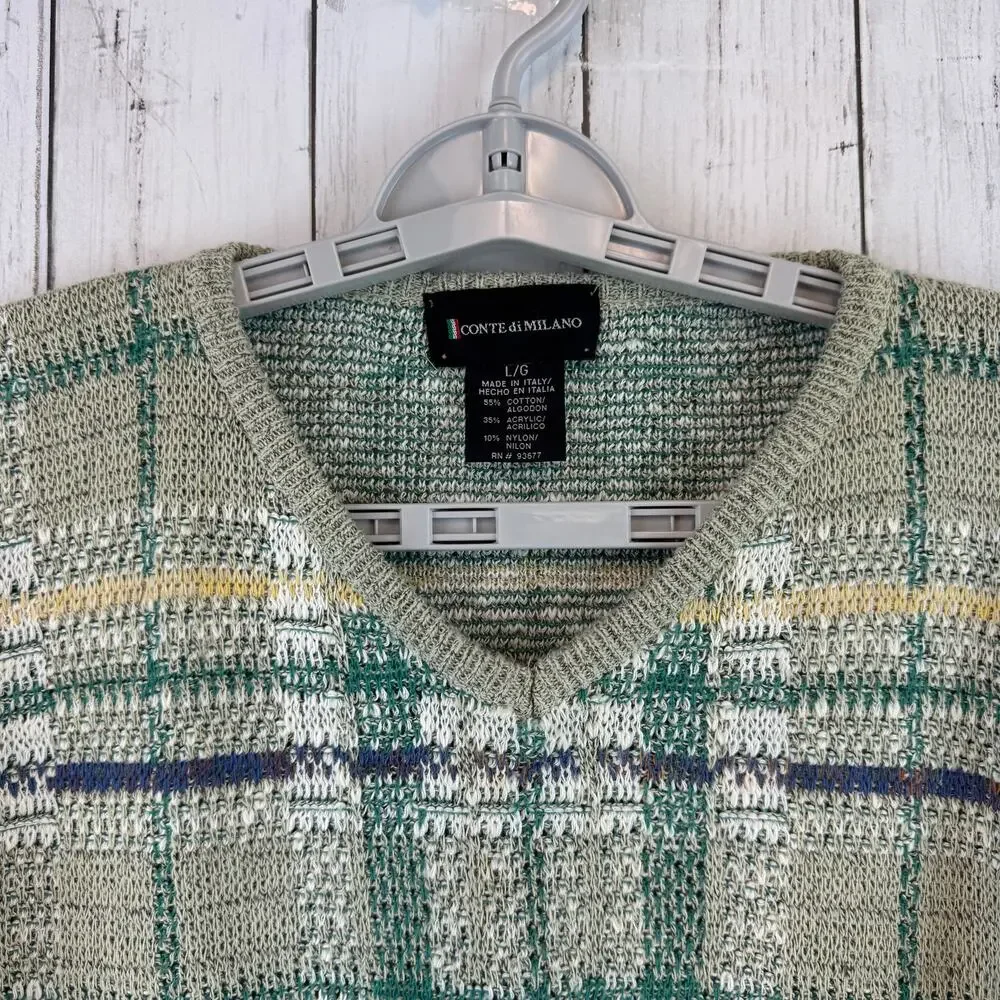 VTG Conte di Milano Green Plaid V-Neck Sweater Cosby Grandpa Italy Size Large
